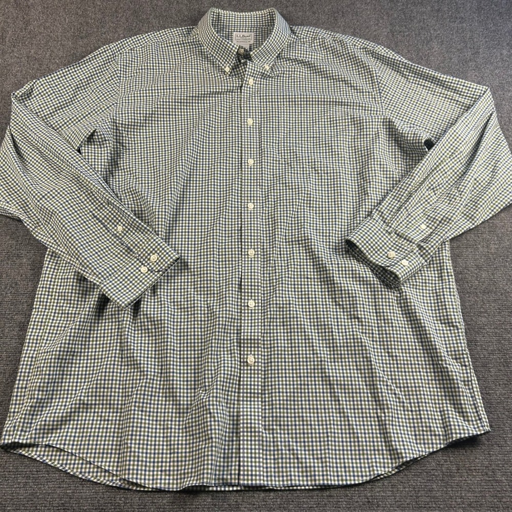 LL Bean Mens XXL Tall Traditional Fit Gingham Button Down Shirt Green Blue